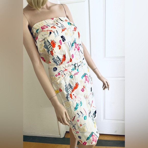 Vintage 80s Jag Graffiti Print Strapless Summer Cotton Button Front Dress M - Picture 11 of 16